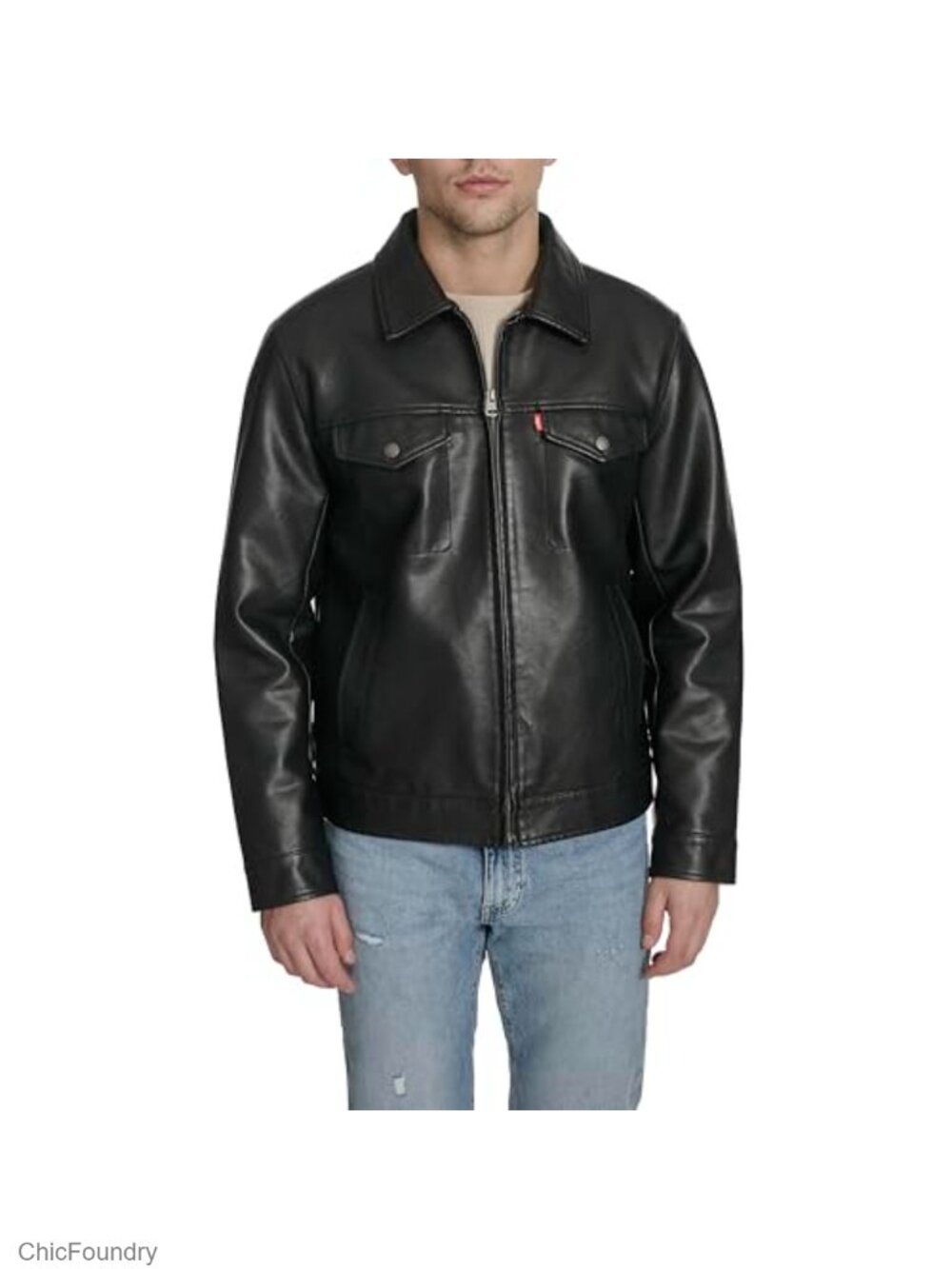 Men's Faux Leather Modern Trucker Jacket Medium Wash